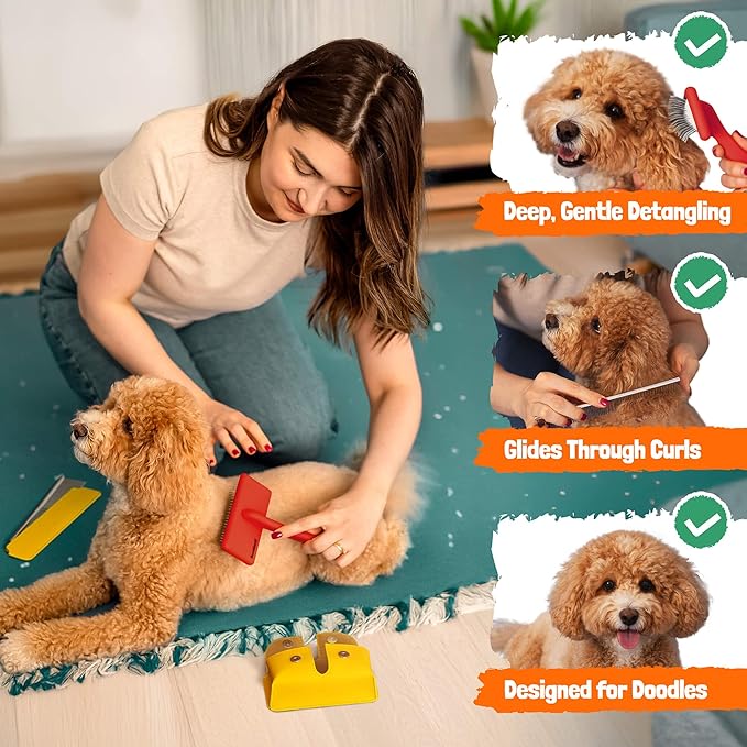 Slicker Brush for Dogs - Doodle Brush - Goldendoodles Labradoodles Bernedoodles - Goldendoodle Must Haves - Poodle Comb and Cases Included - Medium - Red