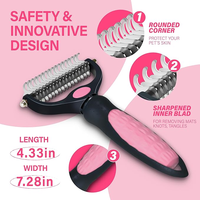 Pet Grooming Brush - Professional Undercoat Rake for Long-Haired Dogs & Cats, Extra Wide Double-Sided Stainless Steel Teeth for Removing Knots, Mats, and Tangles, Reduce Shedding by 95%, Pink