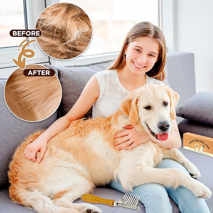 TAKAVU Dematting Rake for Dogs & Cats - Undercoat Comb with Safety Blades for Removing Knots, Mats & Tangles - Grooming Tool for Poodles, Doodles, Long Haired Pets