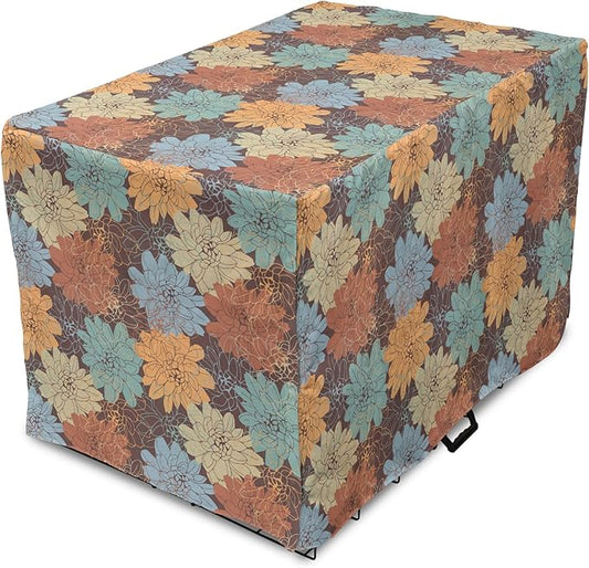 Lunarable Floral Dog Crate Cover, Blossoming Flowers Pattern Botanical Garden Art Illustration Colorful Vintage Design, Easy to Use Pet Kennel Cover for Small Dogs Puppies Kittens, 36 Inch, Brown