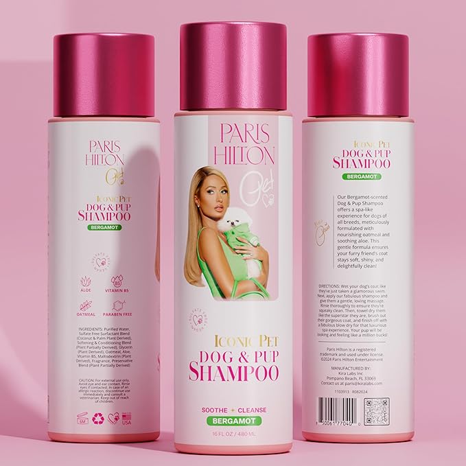 Paris Hilton Dog Shampoo - Fresh Citrus-Infused Bergamot Scent, Sulfate-Free Vegan & Hypoallergenic for All Dog Breeds, with Oatmeal & Aloe for Healthy Coats & Salon-Quality Grooming, 16oz (480ml)