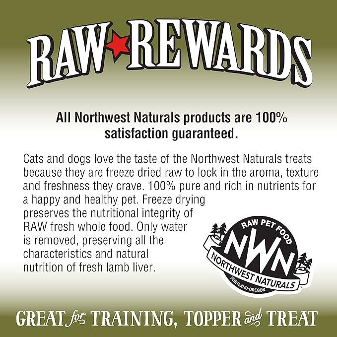 Northwest Naturals Raw Rewards Freeze-Dried Lamb Liver Treats for Dogs and Cats - Bite-Sized Pieces - Healthy, 1 Ingredient, Human Grade Pet Food, All Natural - 3 Oz