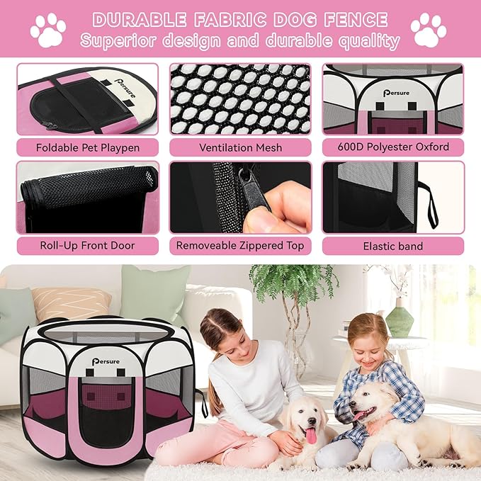 Dog Cat Playpen Indoor Outdoor for Puppy Pet Travel, Dogs Enclosure Tent Crates Cage for Recovery After Surgery, Portable Pop Up Dog Kennel with Carrying Case(Pink, Large)