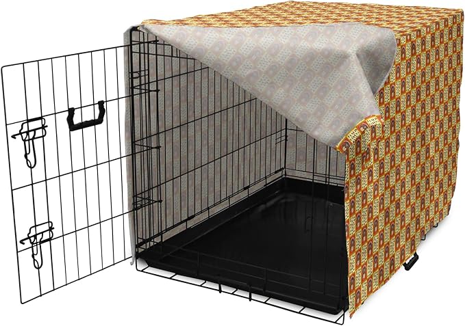Lunarable Thanksgiving Dog Crate Cover, Checkered Pattern with Funny Cartoon Gobbler and Fallen Autumn Leaves, Easy to Use Pet Kennel Cover for Medium Large Dogs, 48 Inch, Red Yellow Brown