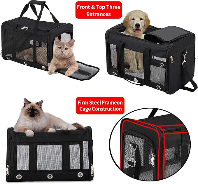 Soft Sided Cat/Dog Carrier,Collapsible Mesh Pets Travel Carriers for Pet/Puppy with Shoulder Strap & Removable Mat,Top Load Small Dogs/Cats Carry Bag Up to 25 Lbs(Black - L)