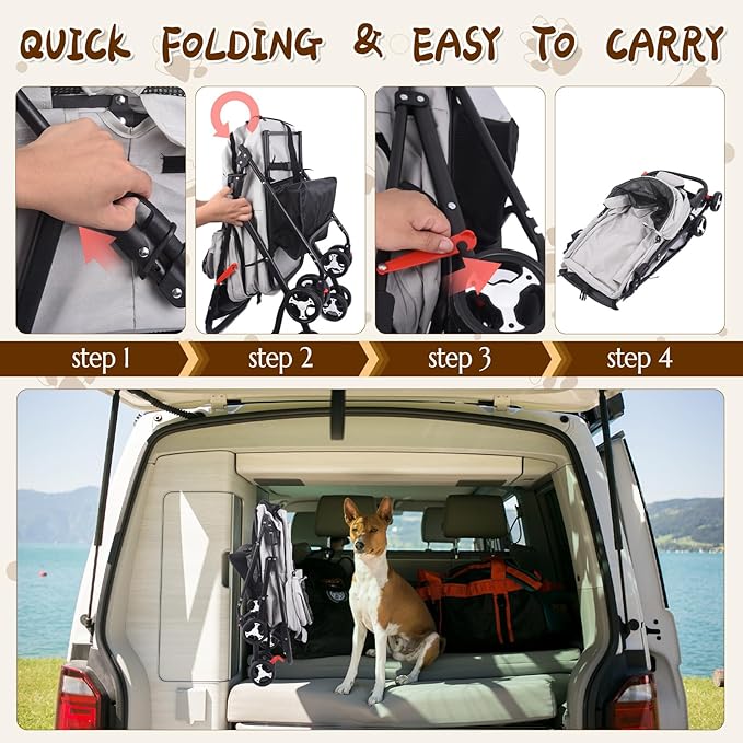 3 in 1 Dog Stroller, 4 Wheels Pet Stroller Dog Cat Stroller for Medium Small Dog Cats Up to 50lbs, Foldable Carrier Jogger Travel Puppy Stroller with Cup Holder & Breathable Mesh, Grey