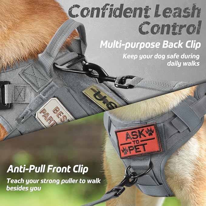 rabbitgoo Tactical Dog Harness for Large Dogs, Heavy Duty Dog Harness with Handle, No-Pull Service Dog Vest Large Breed, Adjustable Military Dog Vest Harness for Training Hunting Walking, Grey, L