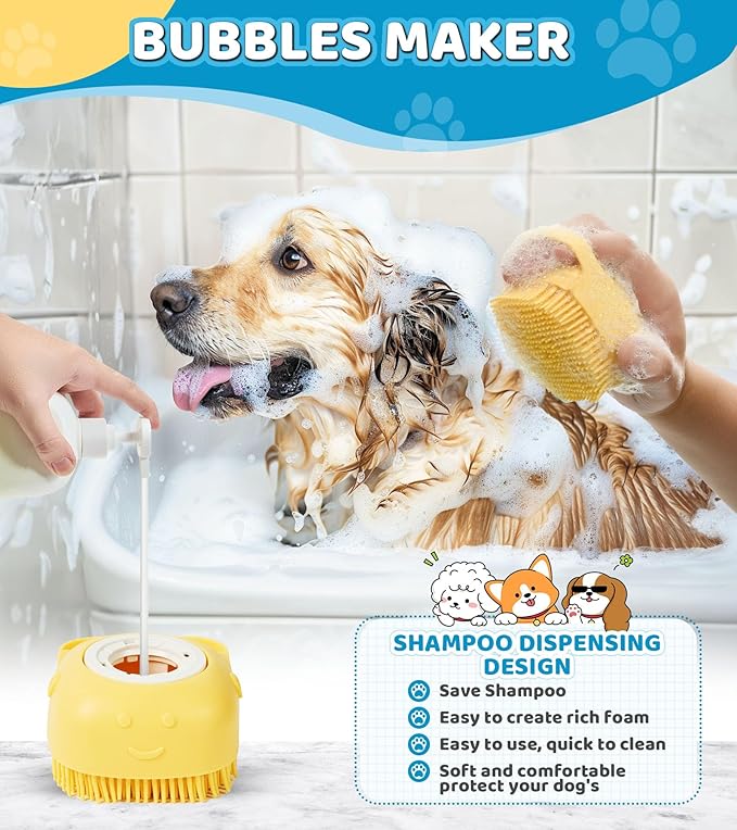 4PCS Dog Bath Brush – Soft Silicone Pet Grooming & Shampoo Scrubber for Dogs and Cats, Massage Brush for Bathing & Cleaning (Yellow & Blue)