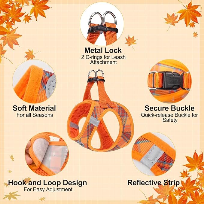 BEAUTYZOO Step in Dog Harness and Leash Set, Reflective Dog Harness No Pull No Choke Puppy Harness for Extra Small Dogs Cats, Soft Padded Mesh Vest Harnesses for Girl and Boy Pets, Orange Plaid M