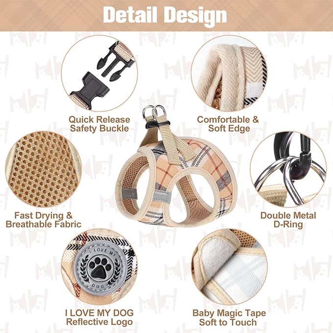 BEAUTYZOO Small Dog Harness and Leash Set,Step in No Chock No Pull Soft Mesh Dog Harnesses Reflective for Extra-Small/Small Medium Puppy Dogs and Cats, Plaid Dog Vest Harness for XS S Pets, Beige XS
