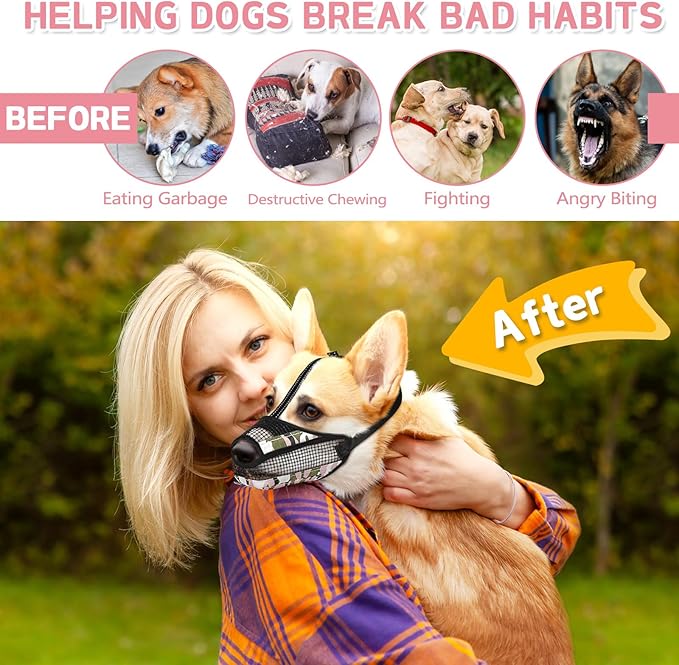 Dog Muzzle for Large Medium Small Dogs, Soft Mesh Muzzle for Dogs with Reflective Adjustable Strap, Prevent Biting Chewing and Licking, Dog Nose Open Design for Reduction Friction (Pink, M)