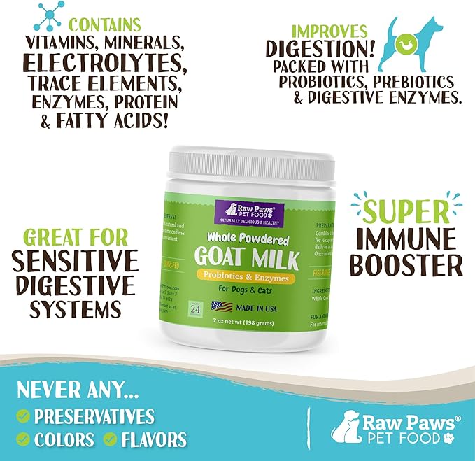 Raw Paws Whole Powdered Goat Milk for Dogs and Cats, 7-oz - Goats Milk for Dogs Made in USA - Natural Kitten & Puppy Milk Replacement Formula, Dry Pet Goat Milk Food Topper, Pet Nutritional Supplement