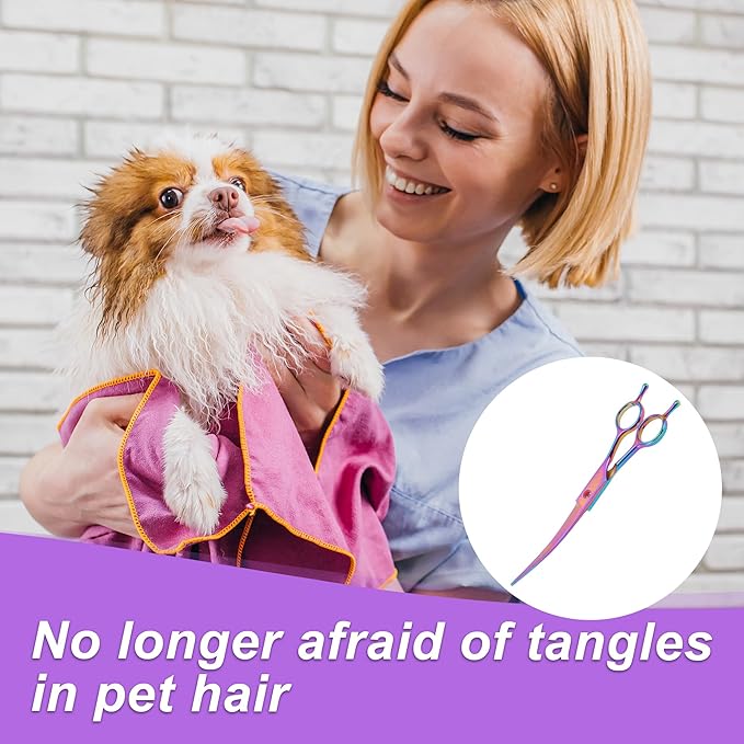 Dog Grooming Scissors, with Ergonomic Handle, Pill Popper for Cats, Upper Bend Shears, Stainless Steel Curved Shears for Dogs, Assorted Color, 7.5"