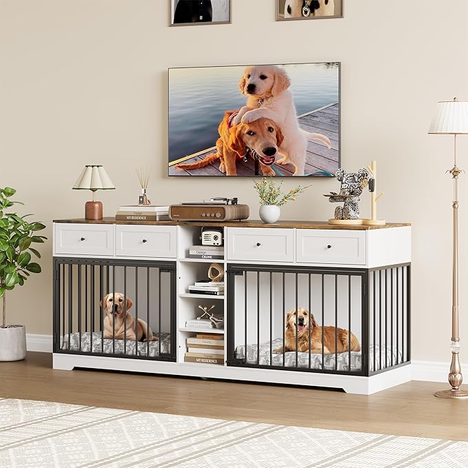 82” Double Dog Crate Furniture, Large Dog Kennel Indoor for 2 Dogs, Heavy Duty Wooden Dog Crate TV Stand with 4 Drawers and Shelves, White