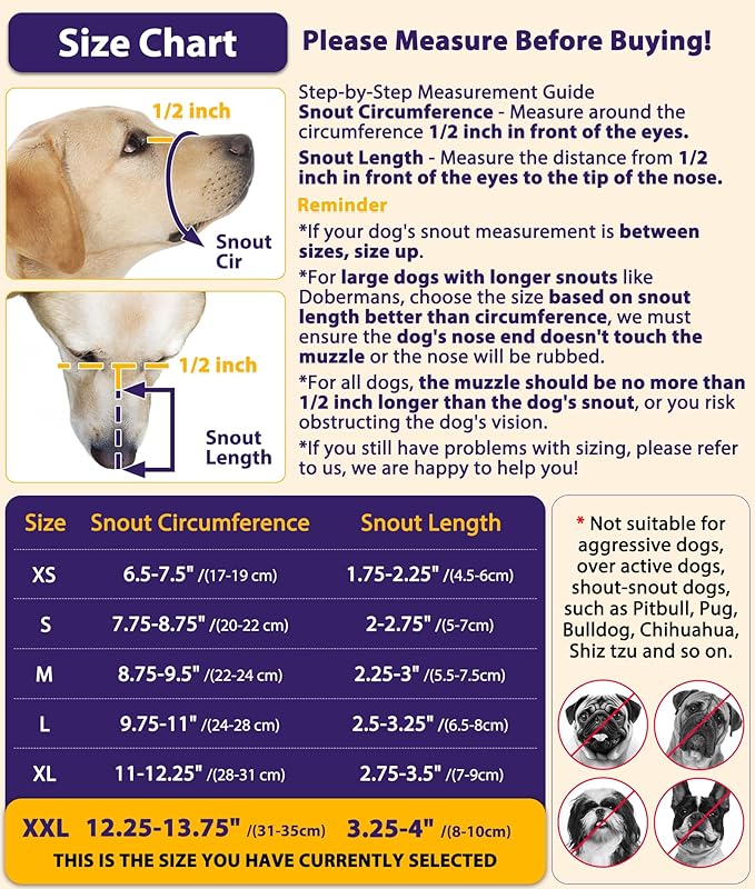 LUCKYPAW Dog Muzzle, Mesh Muzzle for Large Medium Small Dogs with Front Opening Design, Dog Mouth Cover to Prevent Biting, Licking, Chewing, Scavenging, Breathable Muzzle Allows Drinking(Black,XXL)