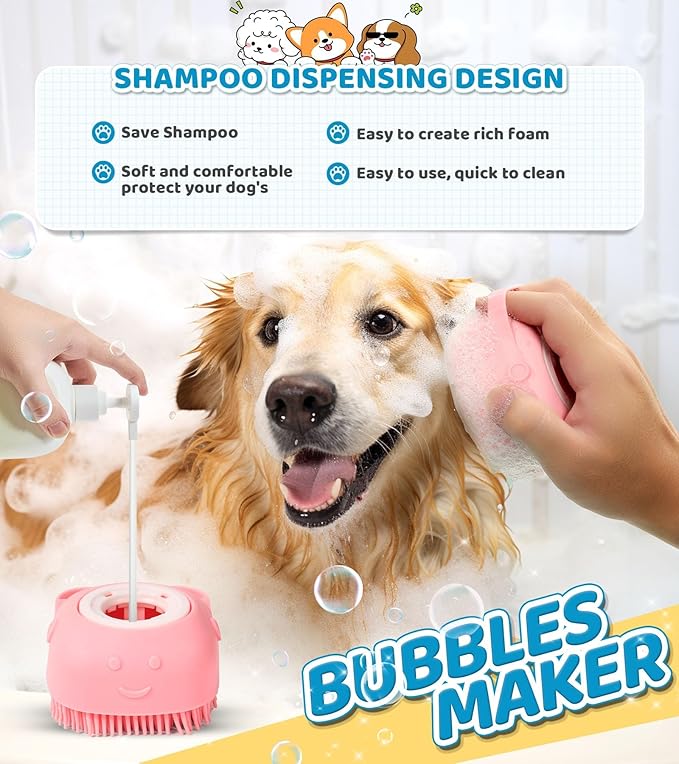 Pet Grooming Brush with Shampoo Dispenser, Soft Silicone Bath Scrubber for Dogs, Cats, and Puppies – Gentle Cleaning and Massaging Tool, Ideal for Small Pets, Easy to Use & Clean, Pink/Blue