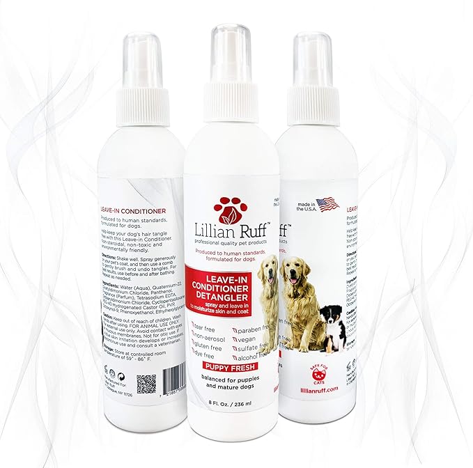 Lillian Ruff Leave-in Dog Conditioner & Detangler Spray - pH Balanced After-Bath No Rinse Dog Conditioning Spray - Silky Shine Spray for Dry Skin, Itch Relief, Detangling & Dematting (8oz/Brush)