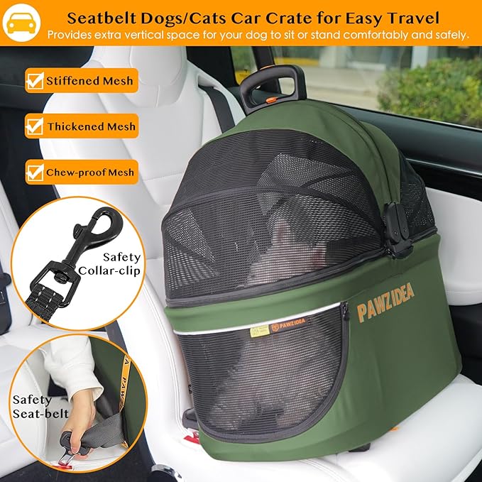 PAWZIDEA Portable Small Dog Crate for Car Travel, Enclosed Pet Car Seats for Small/Medium Dogs & Cats, Reversible No-Zip Canopy, Soft-Sided Pet Carrier Crates, Foldable Travel Dog Kennel, Metal Frame
