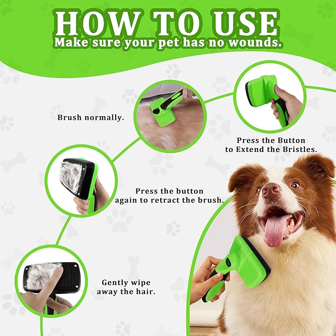 Qianruida Self Cleaning Slicker Brush for Grooming Long-haired or Short-haired Cats and Dogs Pet Brush for Shedding for Removing Undercoat and Tangled Hairs, Green
