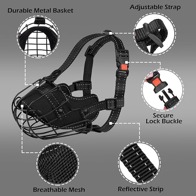 OOPSDOGGY Pitbull Dog Muzzle Reflective Metal Mask Secure Wire Basket Muzzle for Large Sized Dogs Amstaff Soft Cage Muzzle to Prevent Biting Chewing with Adjustable Nylon Straps (Black, Pitbull)