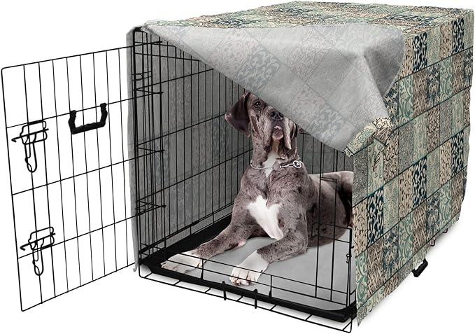 Lunarable Geometric Dog Crate Cover, Antique Mosaic with Victorian Garden Motifs Damask and Scroll Flower, Easy to Use Pet Kennel Cover for Medium Large Dogs, 48 Inch, Seafoam Brown Dark Blue