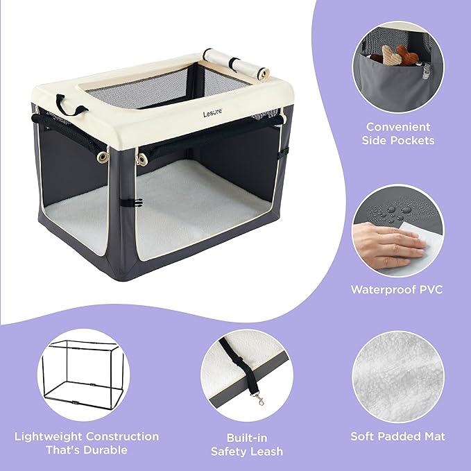 Lesure Collapsible Travel Dog Crate for Small Dogs, Portable Soft Dog Crate for Outdoor & Indoor, Folding Fabric Dog Kennel with Handle, 36 Inch Heavy Duty Pet Carrier (Grey)