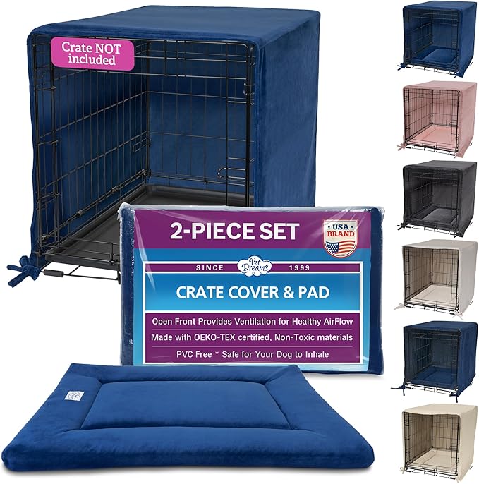 Pet Dreams Dog Crate Cover & Mat- Breathable Non-Toxic Kennel Topper for Single-Door Crates, Fits iCrate Dog Cages 18, 24, 30, 36, 42, 48 Inches (Blue, X-Large, 42โ)