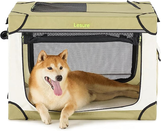 Lesure Soft Collapsible Dog Crate - 30 Inch Portable Travel Crate for Medium Dogs Indoor & Outdoor, 4-Door Foldable Pet Kennel with Durable Mesh Windows, Beige