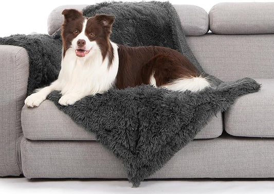 gogobunny Waterproof Plush Long Faux Fur Pet Throw Blanket Ultra Soft Fluffy Bed Couch Cover Washable - Premium Flannel Calming Blankets for Dog Puppy Cat (40x50 Inch (Pack of 1), Grey)