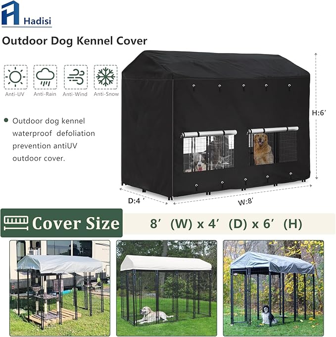 Outdoor Dog Kennel Cover 8'Dx4'Wx6'H Full Coverage Windproof Anti-UV.with Transparent PVC Window and Breathable Mesh.Waterproof Dog Kennel Cover for Multiple Brands of Dog Kennels,Cover Only.(Black)