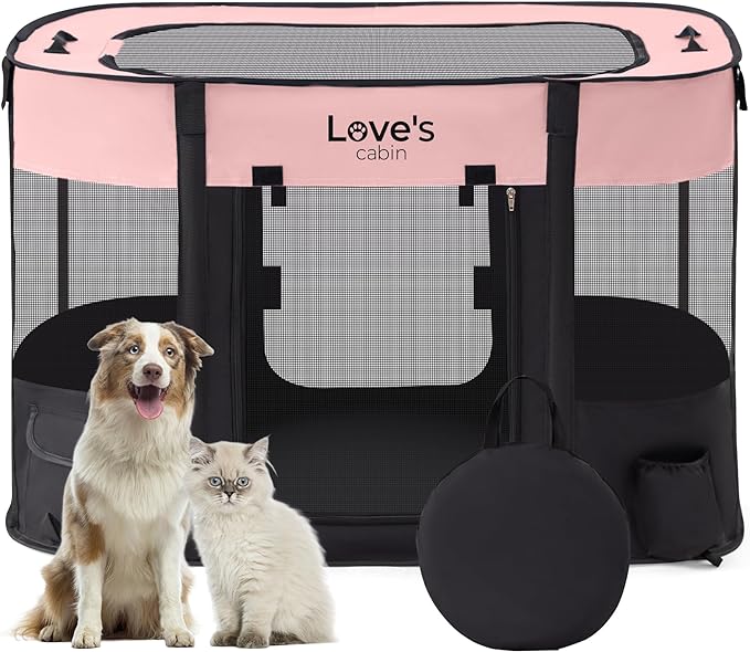 Love's cabin Pet Puppy Dog Playpen, Small Dog Tent Crates Cage Indoor/Outdoor, Portable Exercise Playpen for Cat, Foldable Pop Up Dog Kennel Playpen with Carring Case (S, Pink)