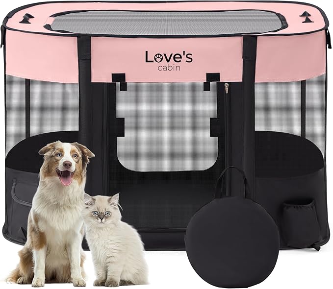 Love's cabin Pet Puppy Dog Playpen, Large Dog Tent Crates Cage Indoor/Outdoor, Portable Exercise Playpen for Cat, Foldable Pop Up Dog Kennel Playpen with Carring Case (L, Pink)