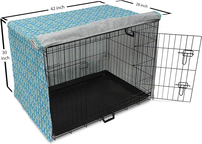 Lunarable Yellow and Blue Dog Crate Cover, Funny Cartoon Hippopotamus with Stars and Daisy Flowers, Easy to Use Pet Kennel Cover for Medium Large Dogs, 42 Inch, Pale Blue White Yellow