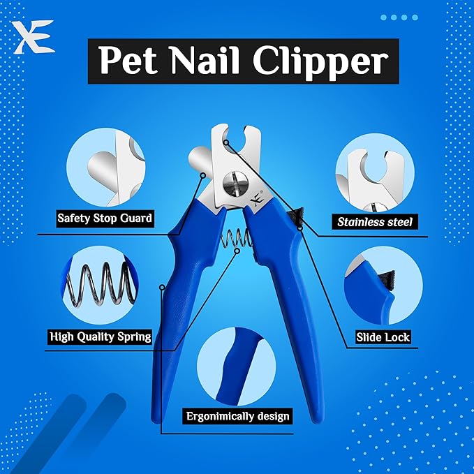 XE Stainless Steel Pet Nail Clipper – Non-Slip Handle Nail Cutter for Pets with Protection Guard, Cat and Dog Claw Trimmer with Nail File, Professional Grooming Tool for Dogs, Cats & Other Pets