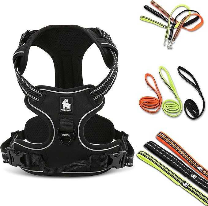 Reflective Nylon No-Pull Dog Harness and Training Leash Set Padded Durable Adjustable(L, Black Set)