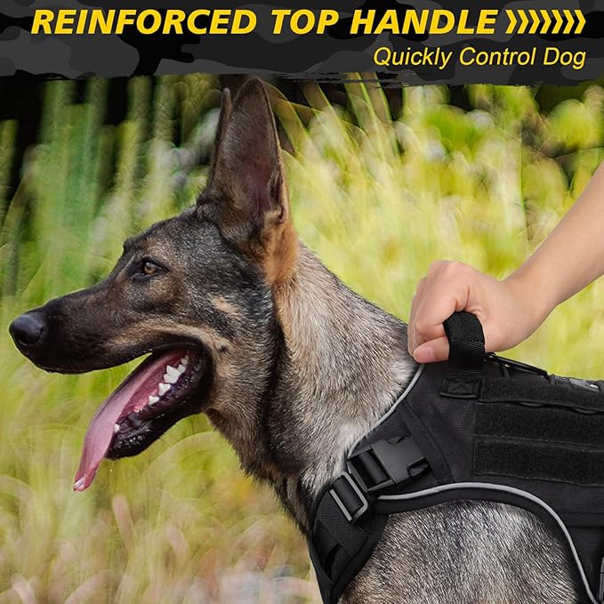 WINGOIN Black Tactical Dog Harness for Large Dogs No Pull Adjustable Reflective Military Pet Harness with Easy Control Handle with Hook & Loop Panels for Walking Hiking Training(XL)