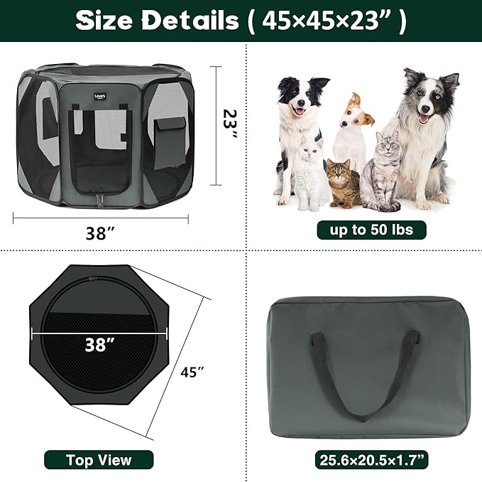 Love's cabin Pet Puppy Dog Playpen, Large Dog Tent Crates Cage Indoor/Outdoor, Portable Playpen for Cat, Foldable Pop Up Dog Kennel Playpen with Carring Case, Grey