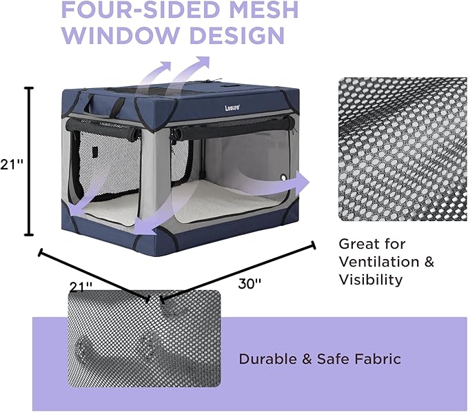 Lesure Soft Collapsible Dog Crate - 30 Inch Portable Travel Crate for Medium Dogs Indoor & Outdoor, 4-Door Foldable Pet Kennel with Durable Mesh Windows, Blue