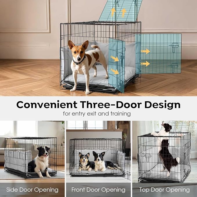 Veehoo 42 inch Dog Crates for Large Dogs with Bumper-Three Doors Folding Metal Wire Dog Crate Cage, Indoor Outdoor Large Dog Crate with Plastic Leak-Proof Tray-Portable Pet Kennel Kit