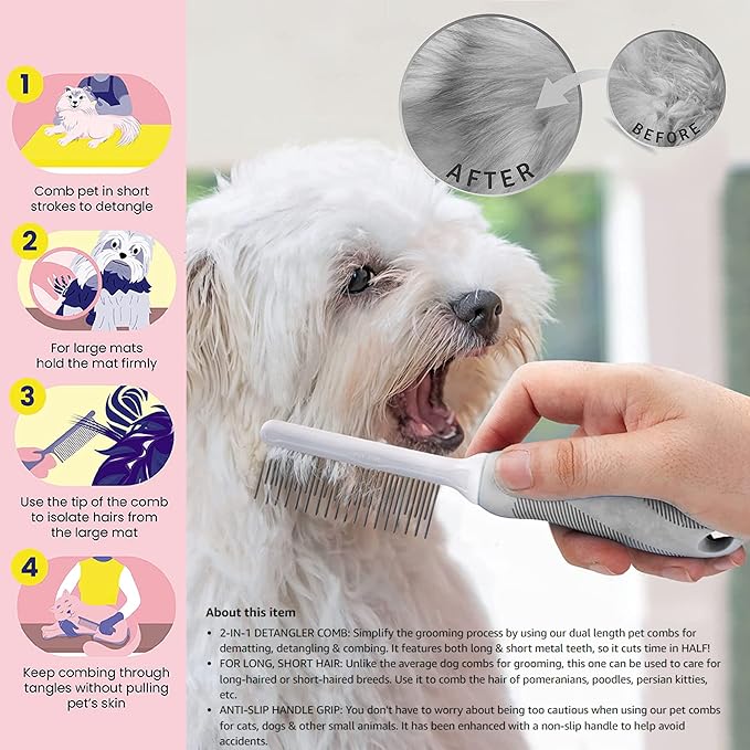 SKYPIA Dog & Cat Combs For Home Grooming Massage Kit – 2-IN-1 Detangler Brush with Massaging Shell Comb For Long & Curly Hair, Removes Knots, Mats and Tangles Pet Hair Remover Soft Dematting and Deshedding For Dog Puppy Rabbit (Blue, 2 Pcs)