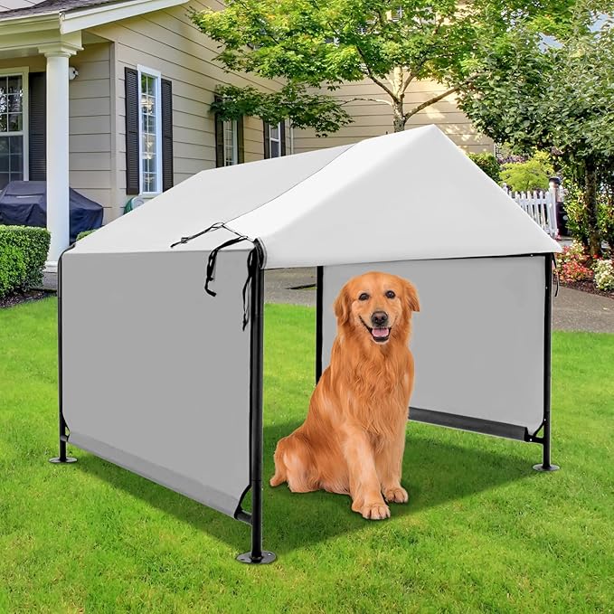 XLarge Outdoor Dog House 4'x4'x3.6' for Large Dogs, Animal Shelter with Upgraded Doors, Outside Sun Rain Canopy Pet House for Dogs, Cats, Small Animals and Livestock, Grey