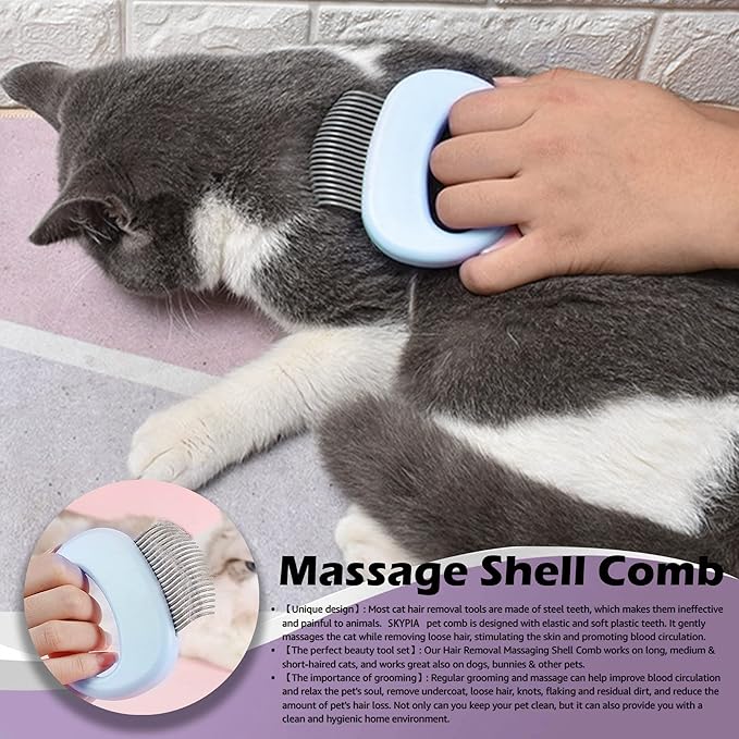 SKYPIA Dog & Cat Combs For Home Grooming Massage Kit – 2-IN-1 Detangler Brush with Massaging Shell Comb For Long & Curly Hair, Removes Knots, Mats and Tangles Pet Hair Remover Soft Dematting and Deshedding For Dog Puppy Rabbit (Blue, 2 Pcs)