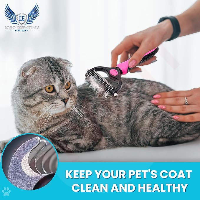 Pet Comb Stainless Steel Double-Sided Shedding Demitting Cat Dog Rake Pet Brush With Stainless Steel Dog Tag, Paw Pet Stainless (Pink)