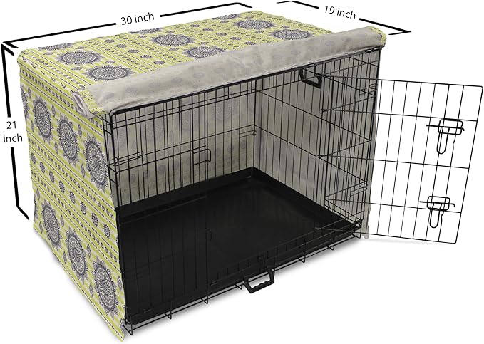 Lunarable Bohemian Mandala Dog Crate Cover, Floral Sun Motif on Brush Drawn Stripes with Dots, Easy to Use Pet Kennel Cover for Cats & Medium Dogs, 30 Inch, Night Blue Yellow