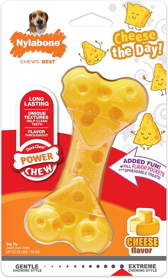 Nylabone Power Chew Cheese Bone Dog Chew Toy, Cute Dog Toys for Aggressive Chewers, Cheese Flavor, Medium/Wolf (1 Count)