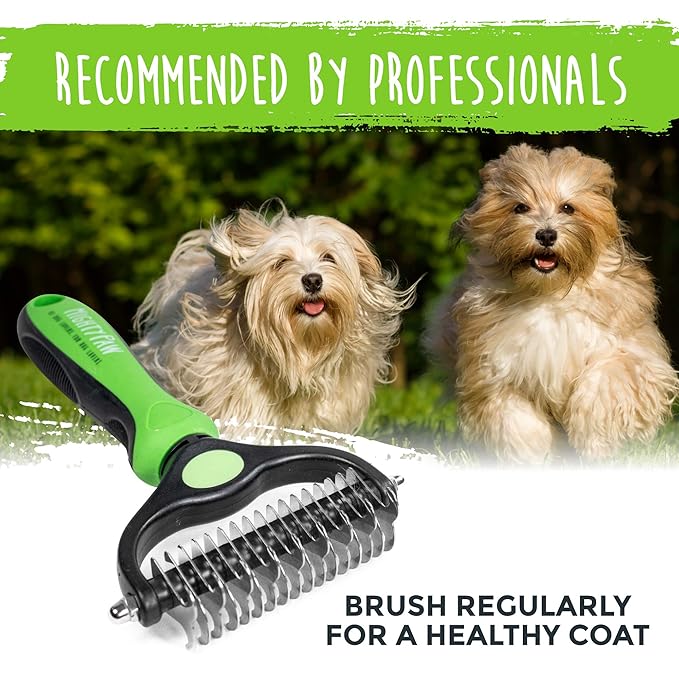 Mighty Paw Dog Grooming Brush - 2-In-1 Dual Sided Comb - Round Tip For Maximum Coat Penetration - Stainless Steel Teeth That Won't Rust Or Discolor - Built-In Thumb Rest For The Control When You Need