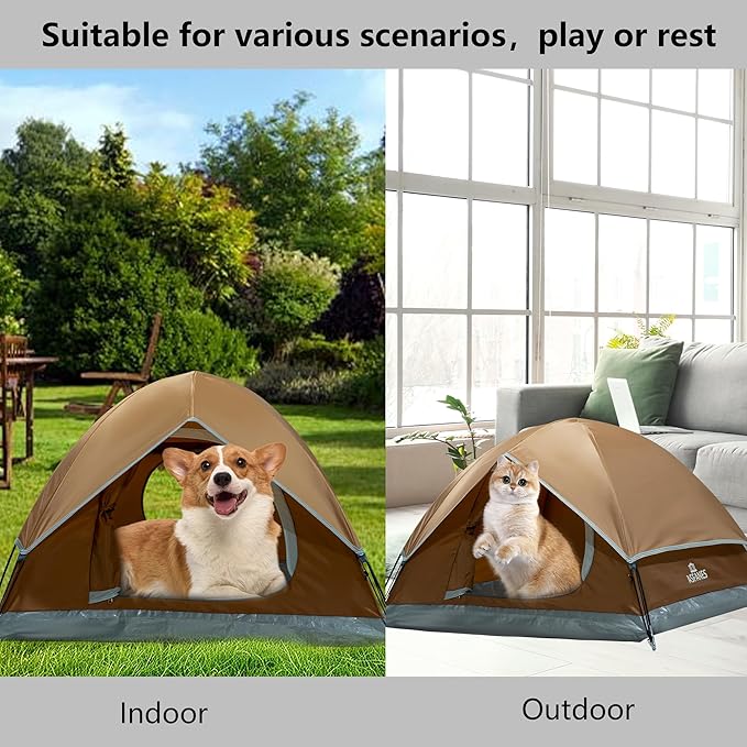 Outdoor Waterproof Pet Camping Tent, Cave Bed for Indoor Cats and Small Dogs, Portable Cat House Dog House, 21.6x21.6x14.9'', Brown, S.