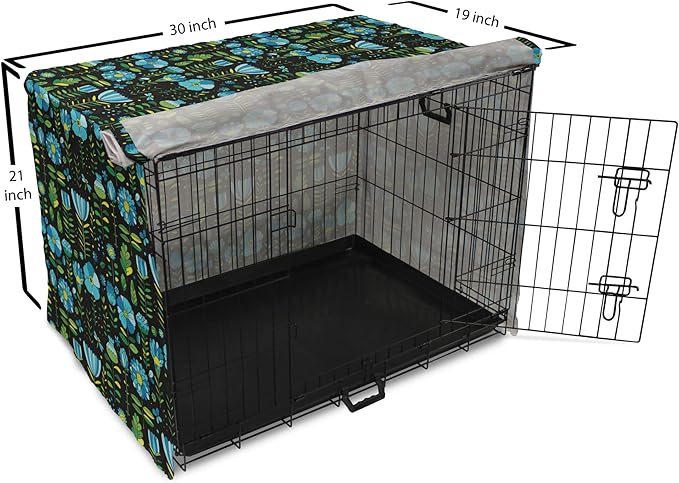 Lunarable Floral Dog Crate Cover, Abstract Flower Bouquets Dragonflies Ladybugs Butterflies on Dark, Easy to Use Pet Kennel Cover for Cats & Medium Dogs, 30 Inch, Blue Green and Charcoal Grey