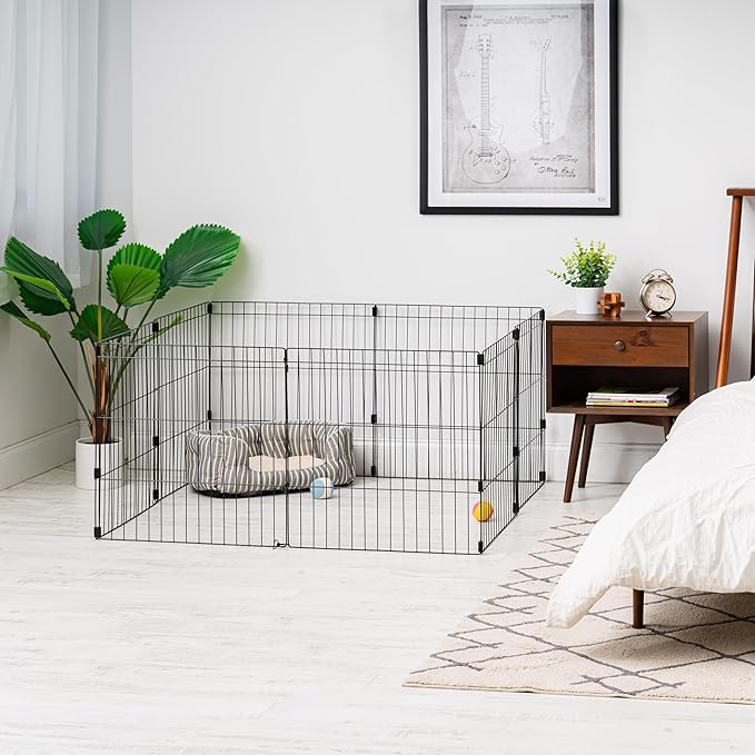 IRIS USA Metal Dog Playpen, 8-Panel 24" Pet Playpen, Puppy Playpen, Indoor/Outdoor Dog Fence, 58 x 58 x 24, Foldable, Customizable, Black