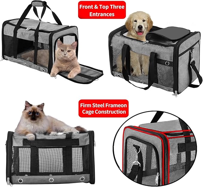 Soft Sided Cat/Dog Carrier,Collapsible Pets Travel Carriers for Pet/Puppy with Shoulder Strap & Removable Mat,Mesh Top Load Small Dogs/Cats Carry Bag Up to 17 Lbs TSA Airline Approved(Grey,M)